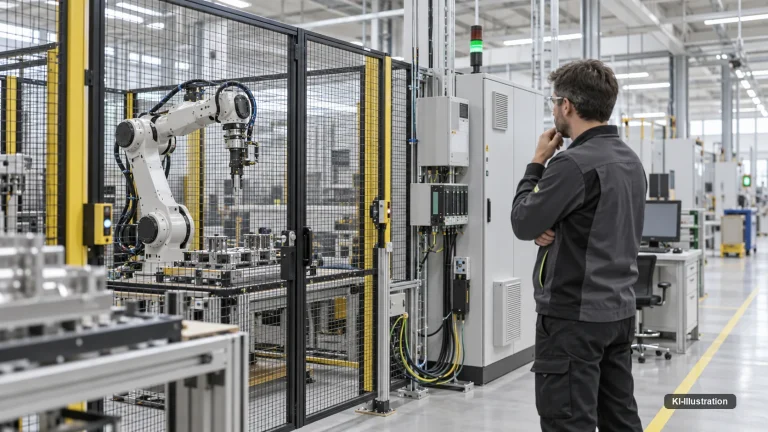 Zwei Techniker mit Klemmbrettern prüfen Metallteile an einer Fertigungszelle mit gelbem Roboterarm.