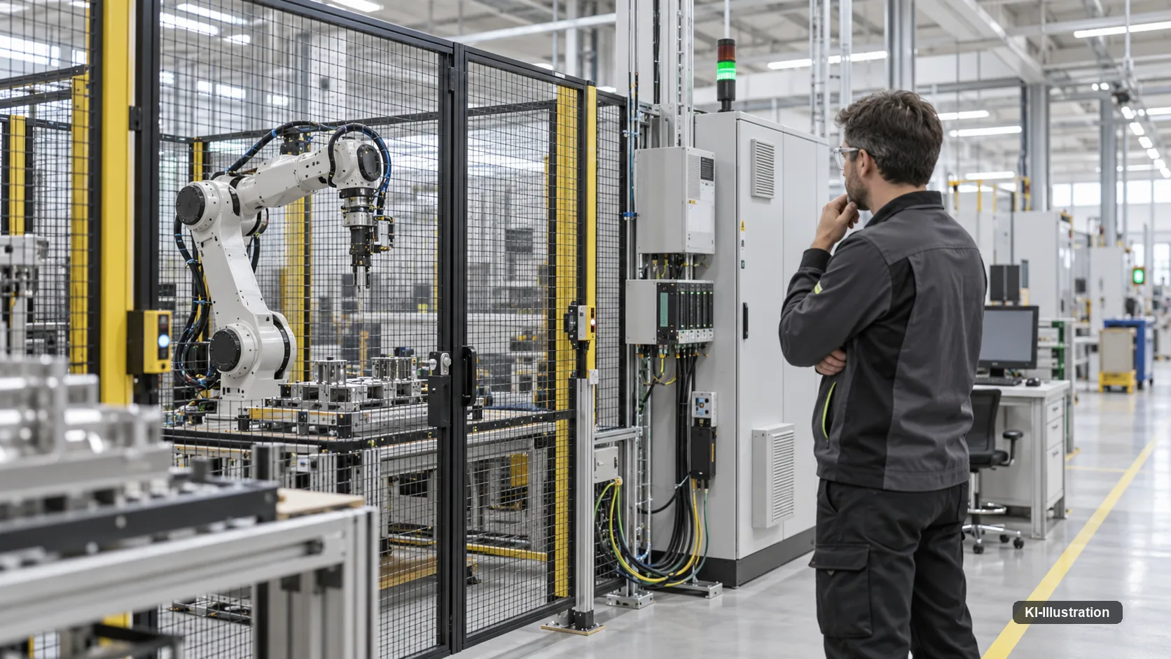 Zwei Techniker mit Klemmbrettern prüfen Metallteile an einer Fertigungszelle mit gelbem Roboterarm.