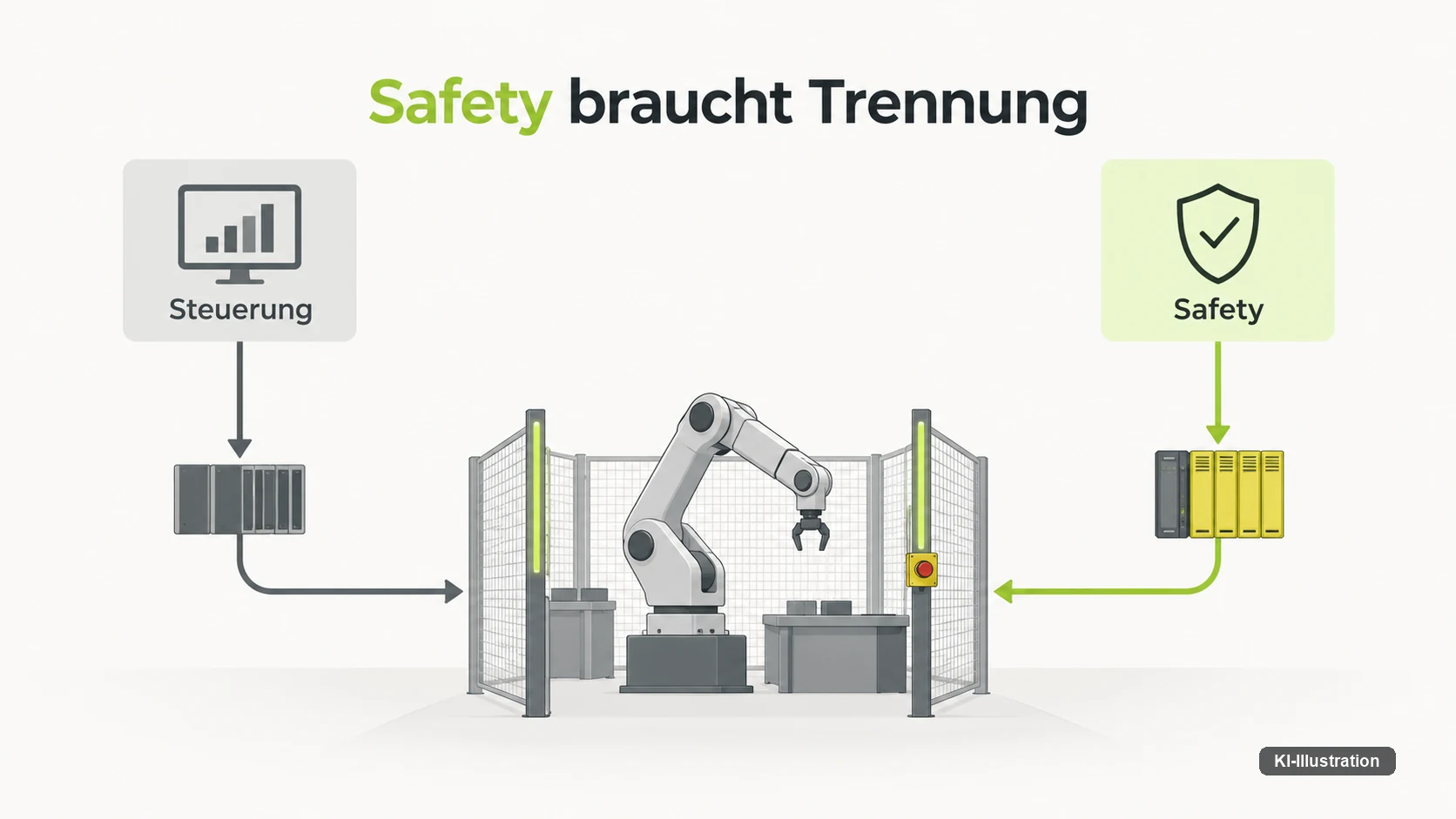 Steuerung und Safety laufen ueber getrennte Systeme zum Roboter — Safety darf keine Vertrauenskette mit der Steuerung teilen.