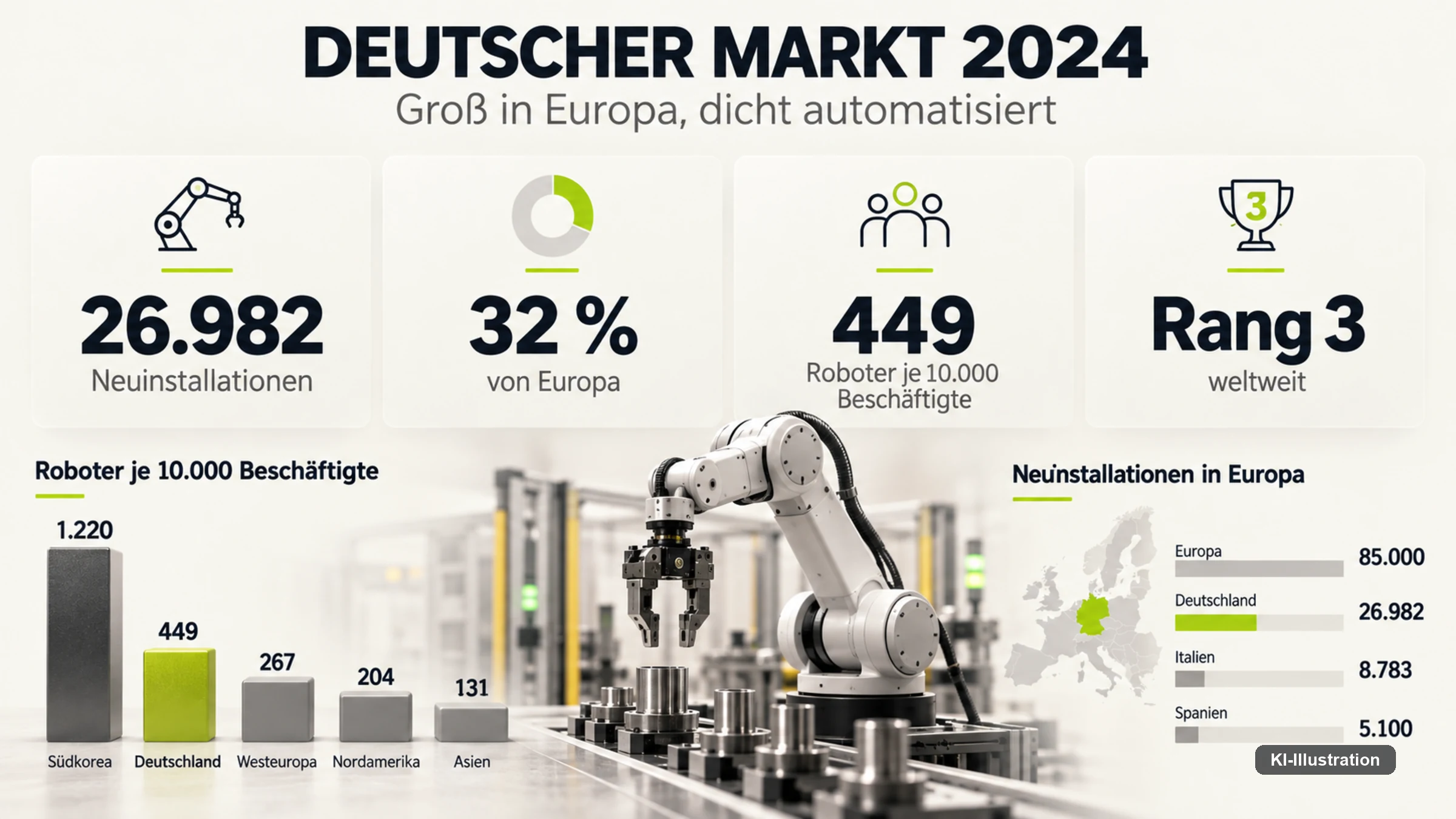 Infografik zum deutschen Robotermarkt 2024: 26.982 Neuinstallationen, 32 Prozent Europa-Anteil, 449 Roboter je 10.000 Beschäftigte, Rang 3 weltweit bei der Dichte, dazu Balken für Roboterdichte und Neuinstallationen in Europa.