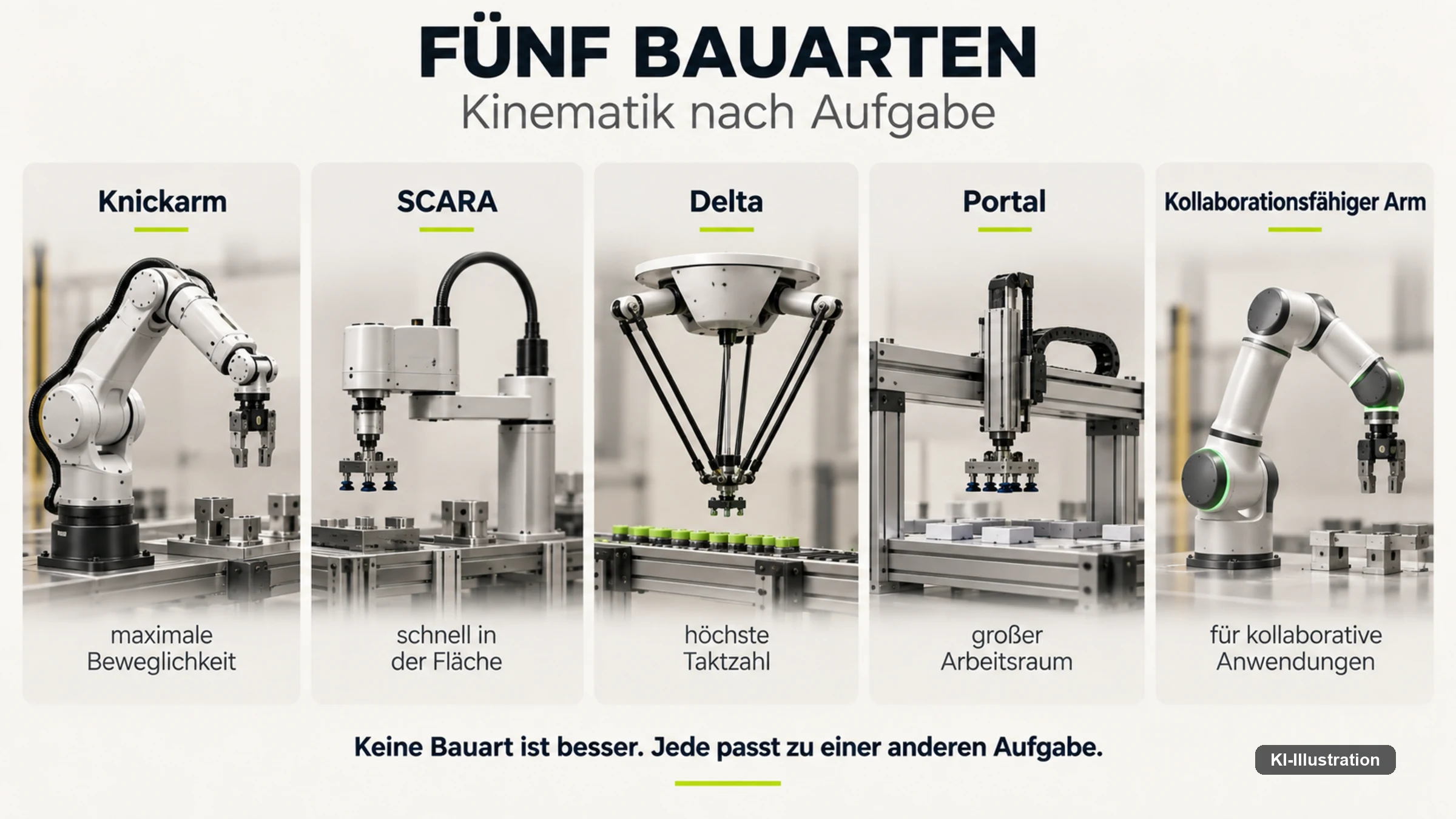 Fünf Robotertypen nebeneinander: Knickarm, SCARA, Delta, Portal und kollaborationsfähiger Arm, mit je einem Stichwort zur Eignung.