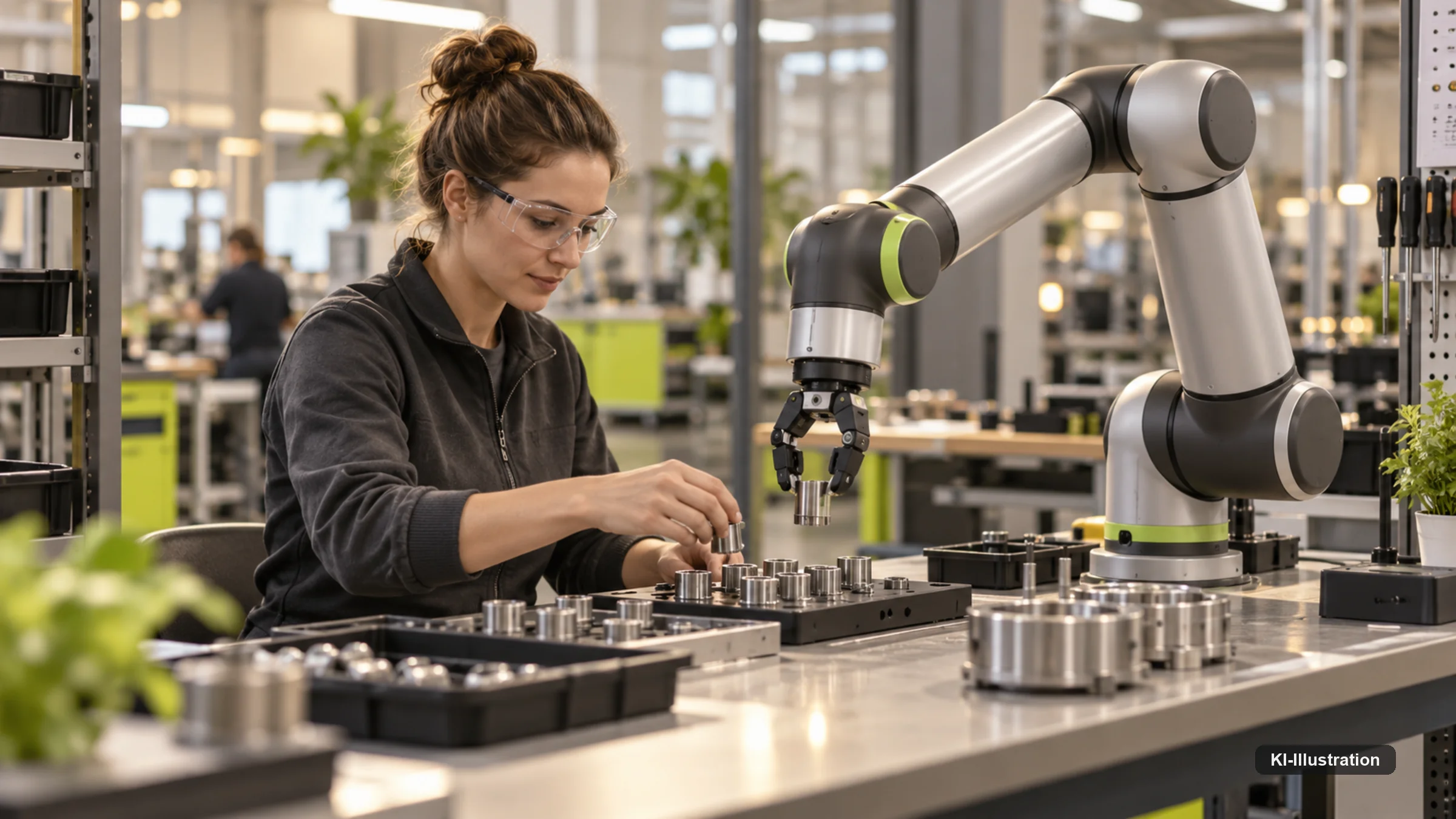 Eine Person bestückt gemeinsam mit einem kollaborativen Roboterarm eine Vorrichtung mit Metallhülsen an einem Arbeitsplatz ohne Schutzzaun.