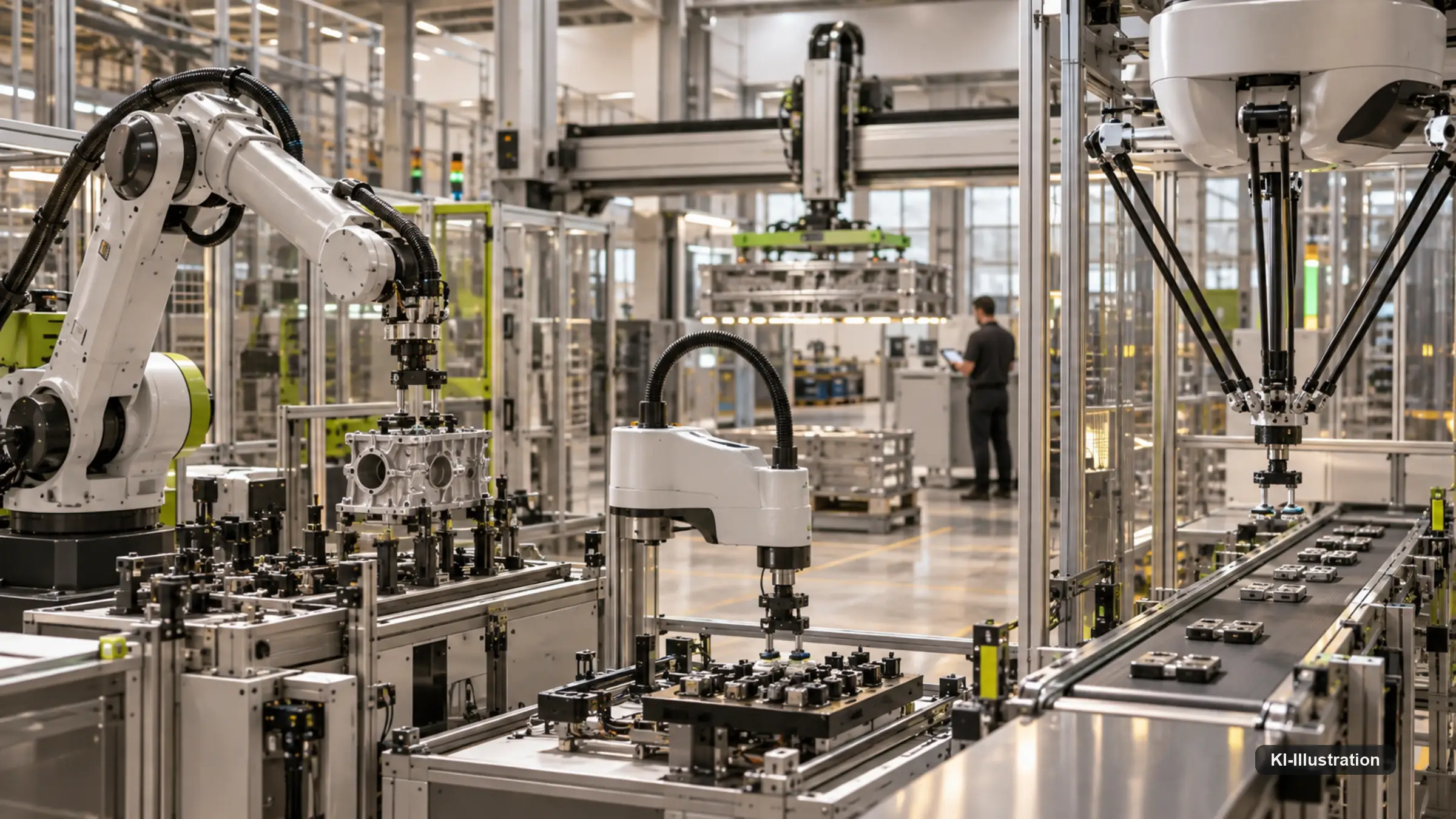 Fabrikhalle mit mehreren Robotertypen im Einsatz: ein Knickarm an einem Motorblock, ein Portalroboter im Hintergrund und ein SCARA-Roboter an einem Förderband.