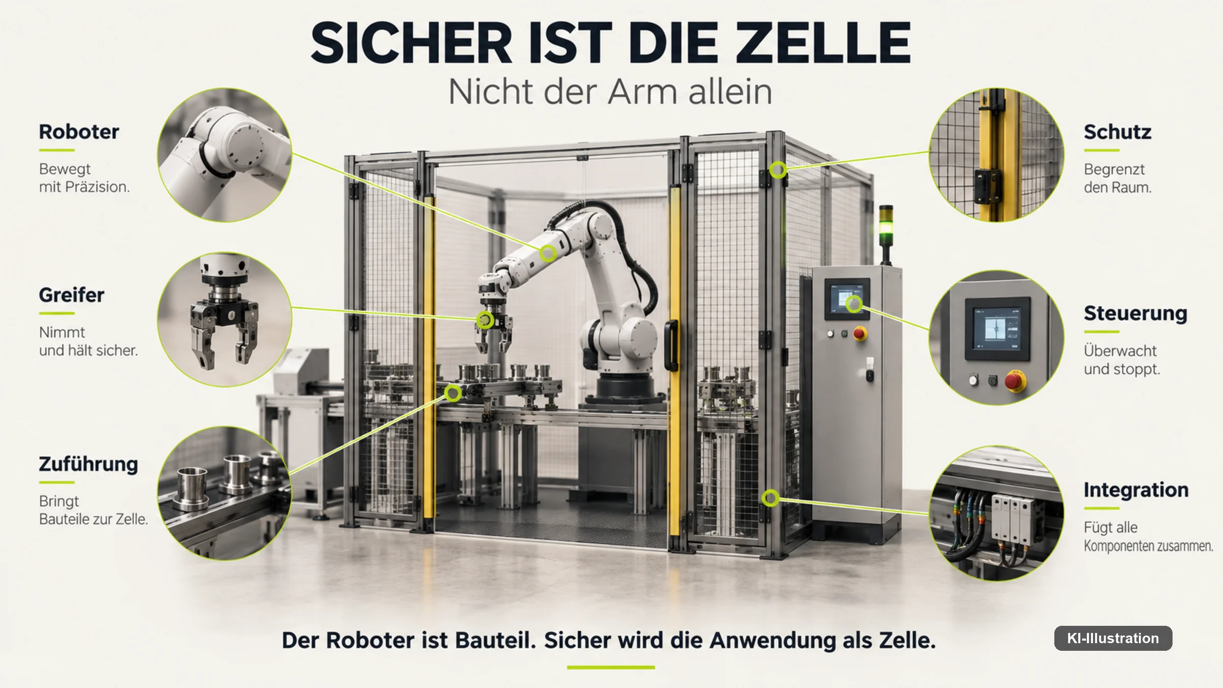 Schema mit sechs Bausteinen einer sicheren Roboterzelle: Roboter, Greifer, Zuführung, Schutz, Steuerung, Integration.