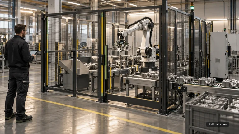 Eine Fachkraft mit Schutzbrille arbeitet an einer Bestückungsstation, während ein kollaborativer Roboterarm mit grünem Ring am Gelenk ein Werkstück greift.