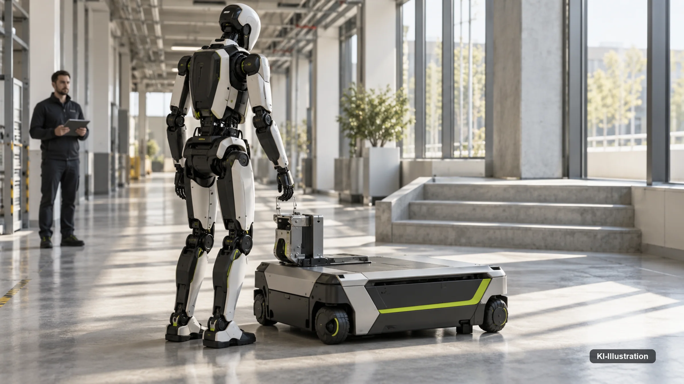 Roboter wechselt zwischen zweibeinigem Gehen und einer fahrbaren Plattform für lange Wege.