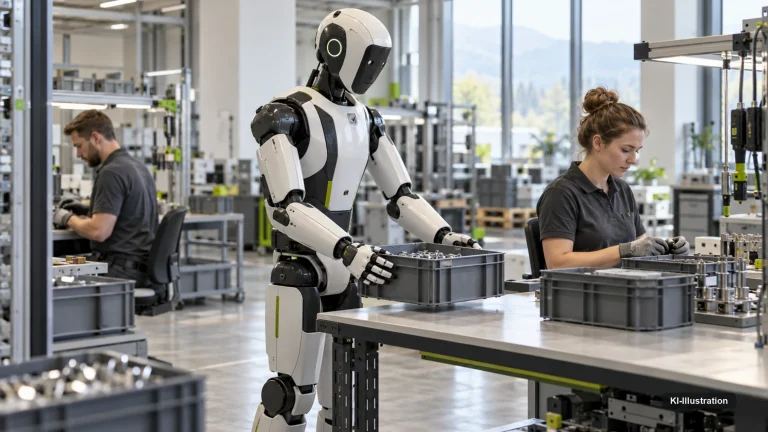 Humanoider Roboter arbeitet in einer Produktionshalle, Beschäftigte halten sichere Distanz.