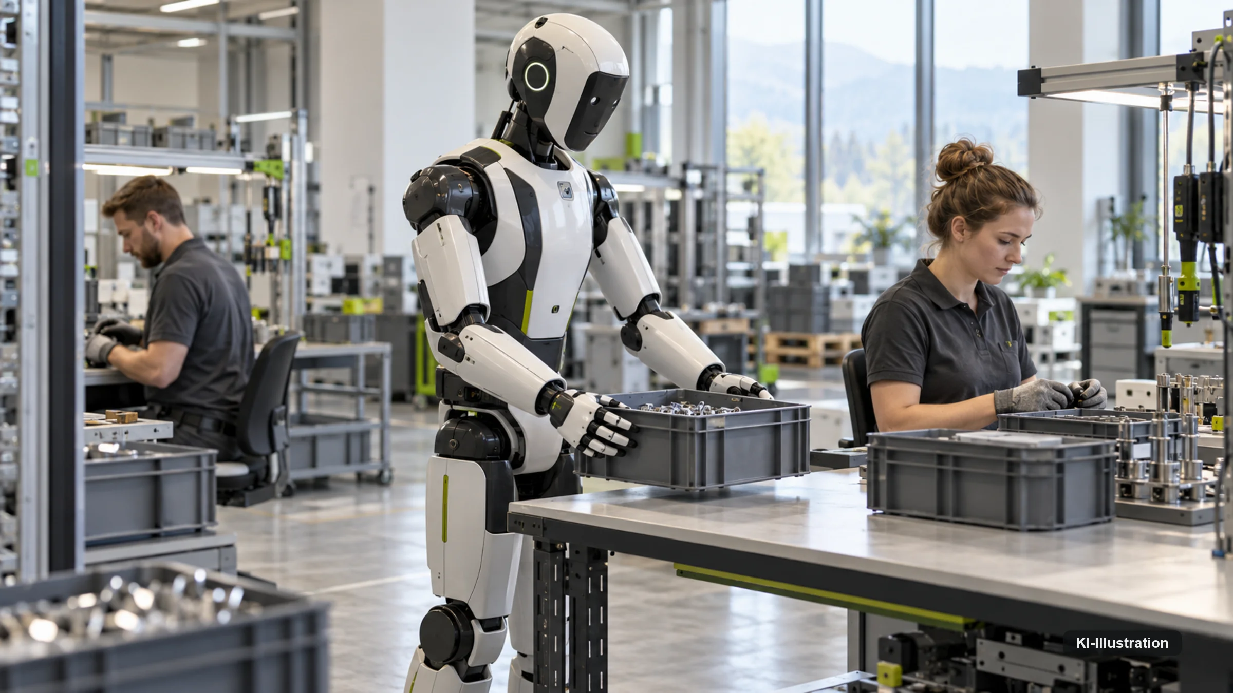 Humanoider Roboter arbeitet in einer Produktionshalle, Beschäftigte halten sichere Distanz.