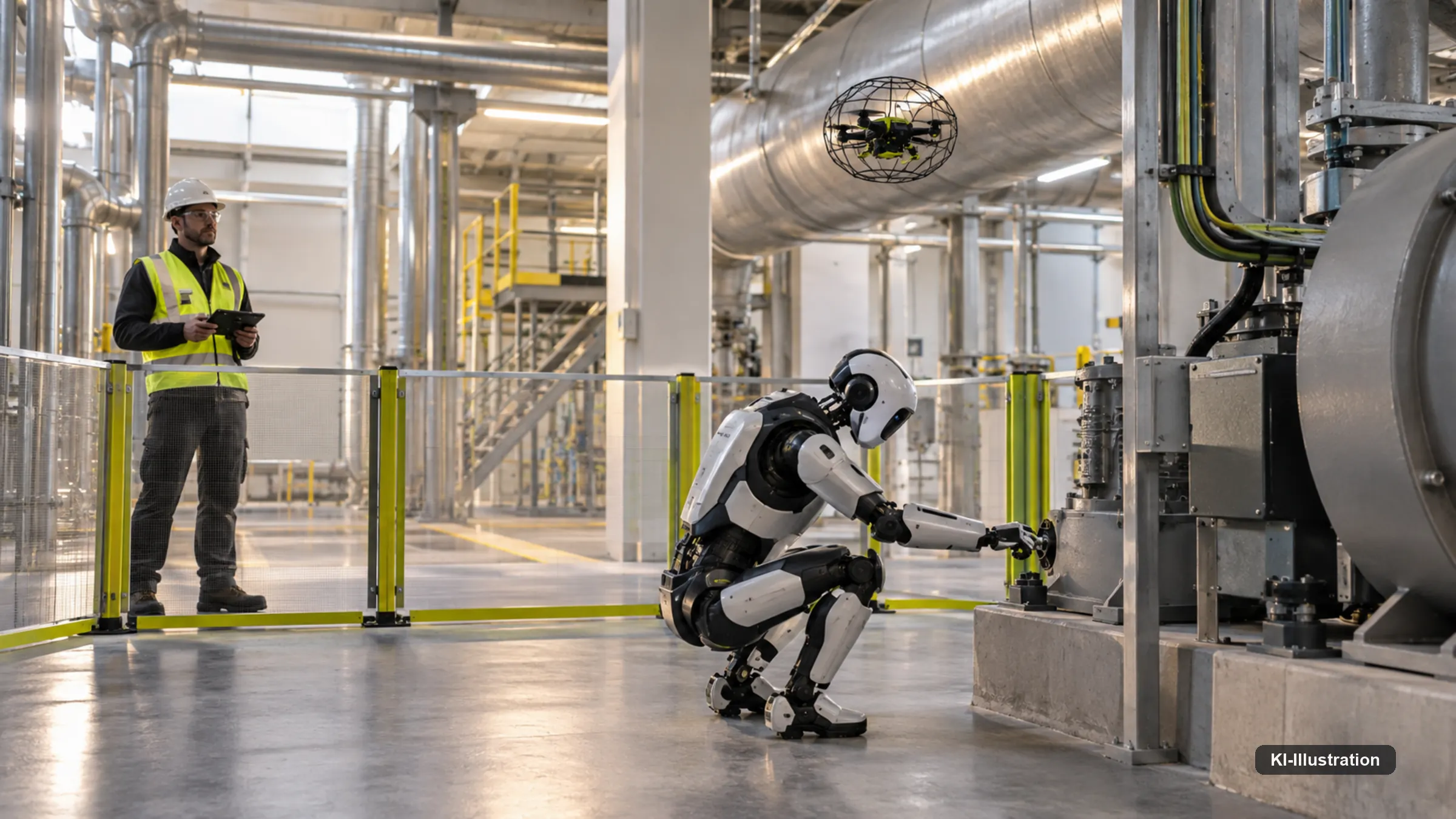 Kleine Drohne startet von einem Roboter zur Inspektion einer hohen Anlage.