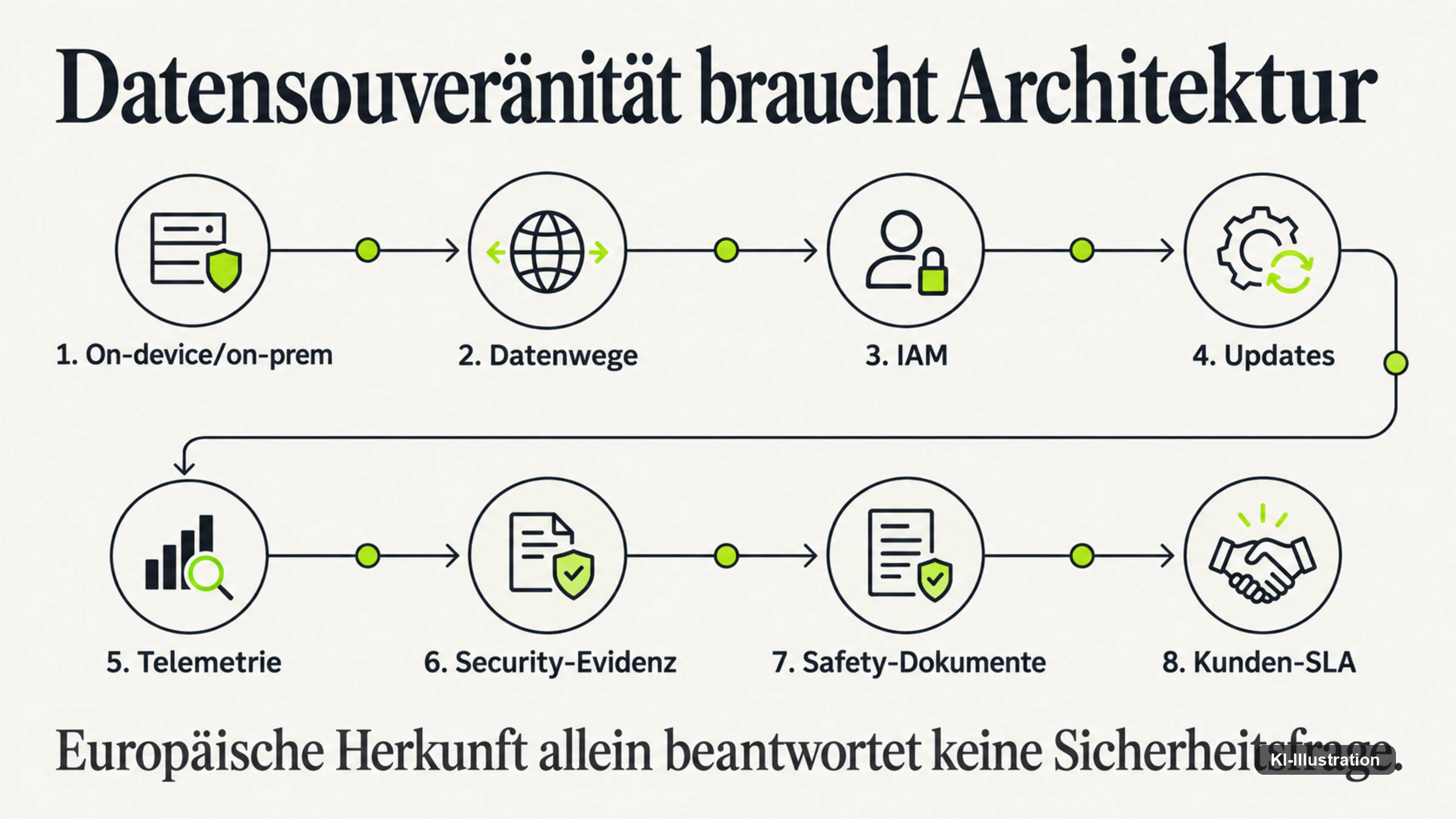 Prüfpunkte für Speicherort, Zugriff, Fernwartung und Löschung als Bedingungen vor einem Pilotvertrag.