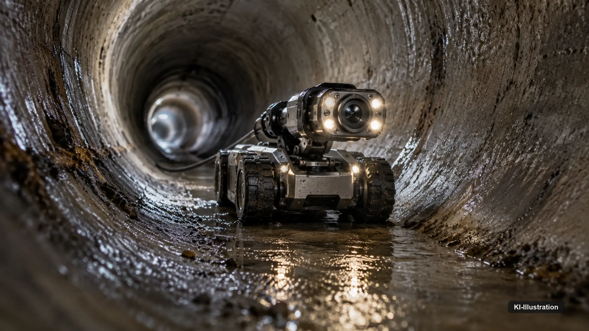 Kettenfahrwerk-Inspektionsroboter mit Kamerakopf und LED-Beleuchtung in einem grossen Abwasserrohr.