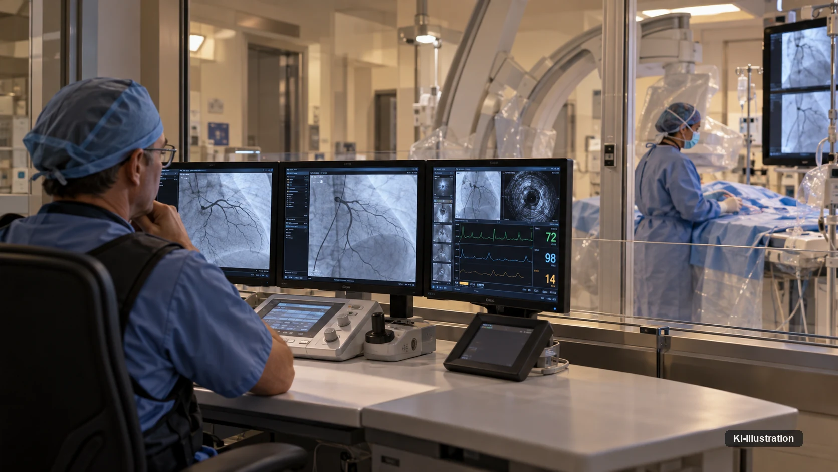 Blick von einem Steuerplatz mit drei Angiografie-Monitoren durch eine Scheibe in das Katheterlabor, in dem eine Person in steriler Kleidung am Tisch arbeitet.