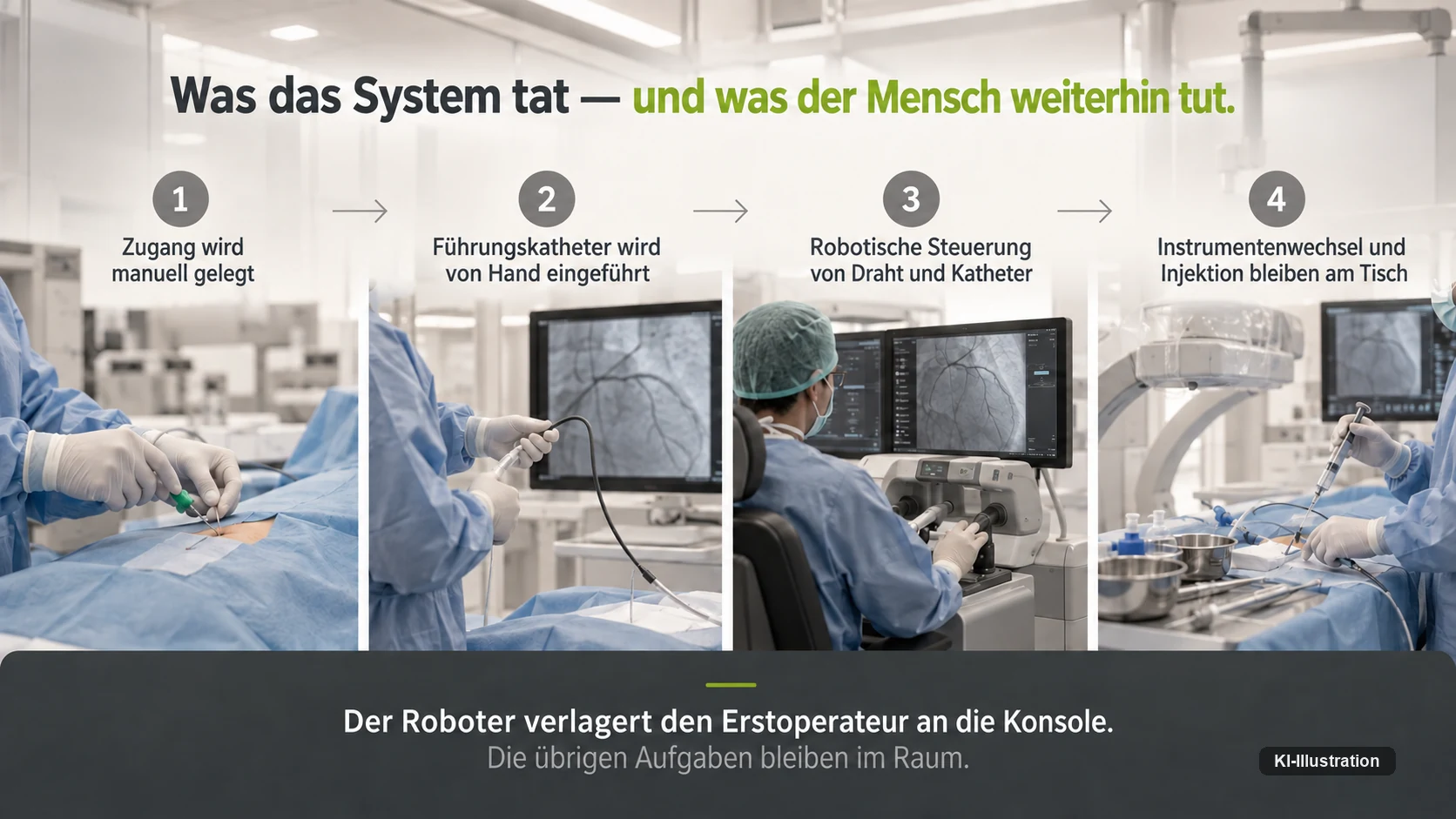 Ablauf in vier Schritten: Zugang wird manuell gelegt, Führungskatheter wird von Hand eingeführt, robotische Steuerung von Draht und Katheter, Instrumentenwechsel und Injektion bleiben am Tisch.