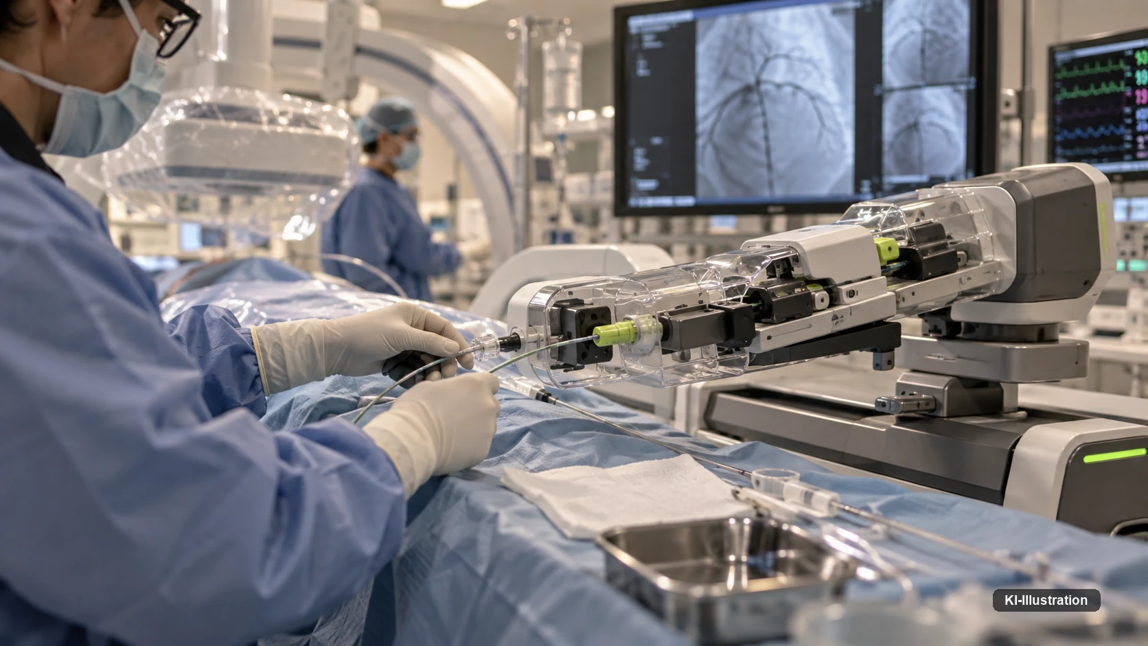 Antriebseinheit eines Katheterrobotersystems am Kathetertisch; eine Person in steriler Kleidung führt einen Draht in die durchsichtige Kassette ein, im Hintergrund ein Angiografie-Monitor.