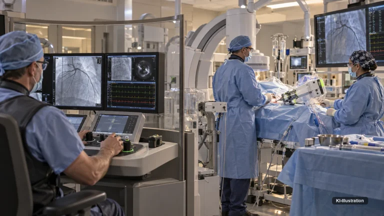 Katheterlabor mit robotischem System: Links steuert eine Person an einer Konsole mit Angiografie-Monitoren, rechts arbeiten zwei Personen in steriler Kleidung am Kathetertisch.