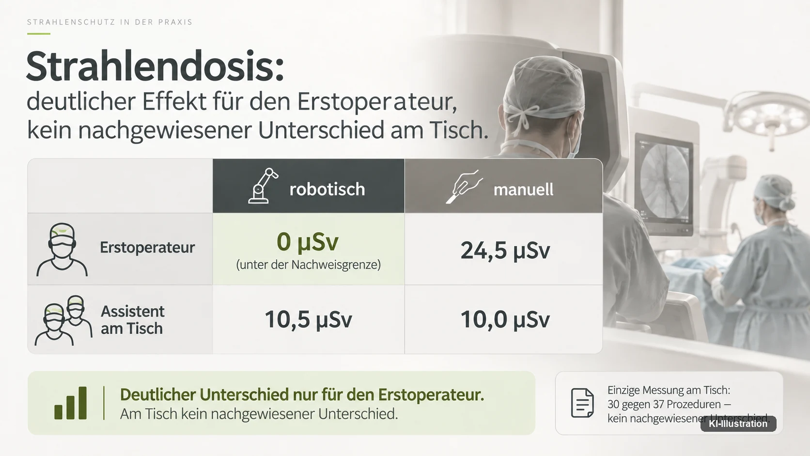 Tabelle der Strahlendosis je Eingriff: Erstoperateur robotisch 0 Mikrosievert unter der Nachweisgrenze gegenüber 24,5 manuell, Assistent am Tisch 10,5 gegenüber 10,0 Mikrosievert.