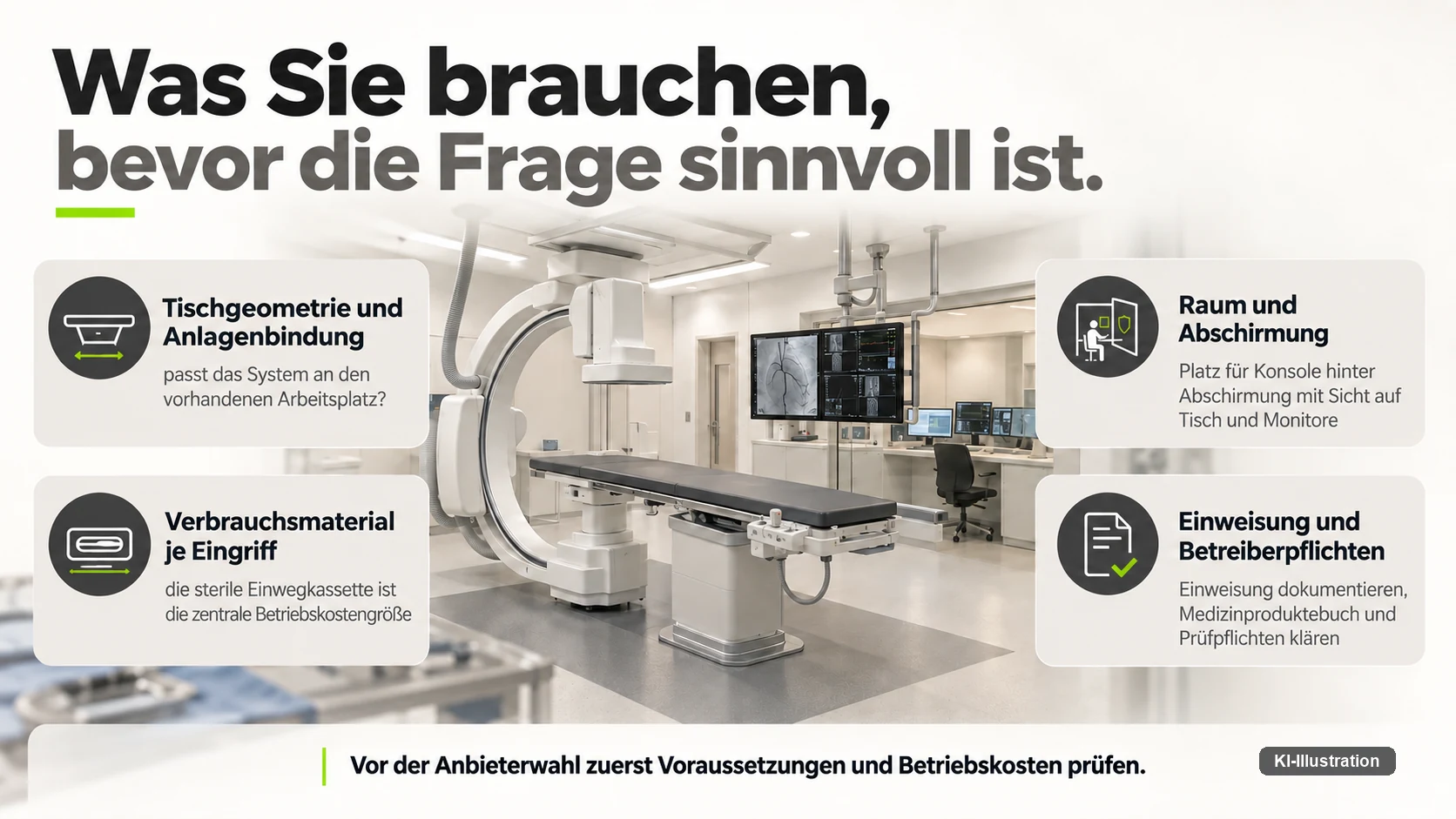 Vier Voraussetzungen um einen Kathetertisch herum: Tischgeometrie und Anlagenbindung, Raum und Abschirmung, Verbrauchsmaterial je Eingriff, Einweisung und Betreiberpflichten.