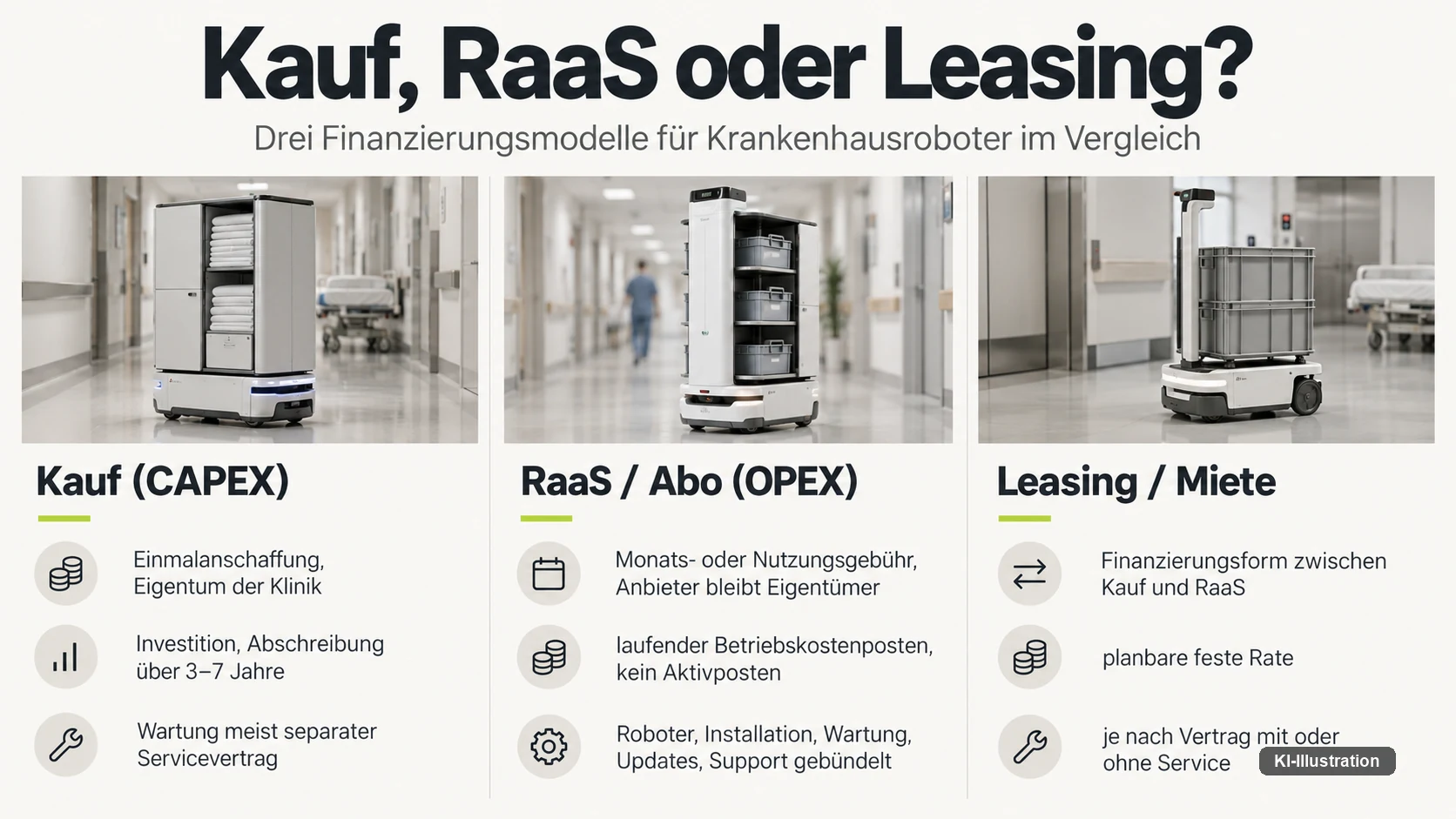 Vergleich dreier Finanzierungsmodelle: Kauf als CAPEX mit Einmalanschaffung und Abschreibung über drei bis sieben Jahre, RaaS oder Abo als OPEX mit Monatsgebühr und gebündelten Leistungen, Leasing oder Miete als Finanzierungsform dazwischen mit fester Rate.
