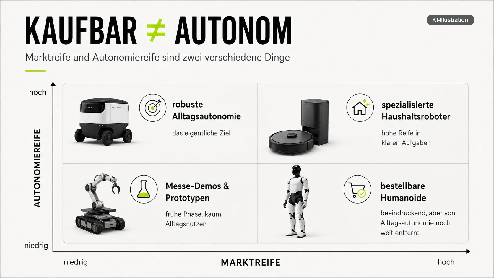 Vierfeldertafel: robuste Alltagsautonomie bei hoher Autonomiereife und niedriger Marktreife, spezialisierte Haushaltsroboter hoch in beidem, Messe-Demos und Prototypen niedrig in beidem, bestellbare Humanoide bei hoher Marktreife und niedriger Autonomiereife.