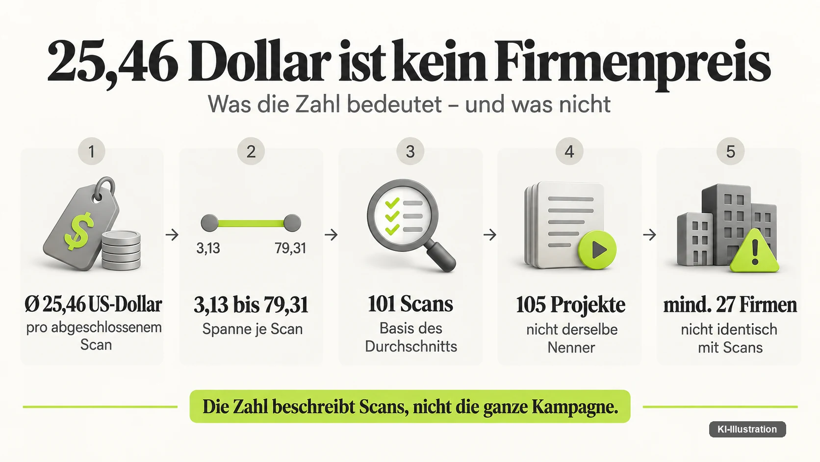 25,46 US-Dollar sind die Durchschnittskosten je abgeschlossenem Scan, nicht die Kosten fuer ein kompromittiertes Unternehmen — die Spanne je Scan reicht laut Bericht von 3,13 bis 79,31 US-Dollar.