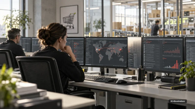 Arbeitsplatz in einem Security Operations Center mit Weltkarte und Warnmeldungen auf mehreren Bildschirmen.