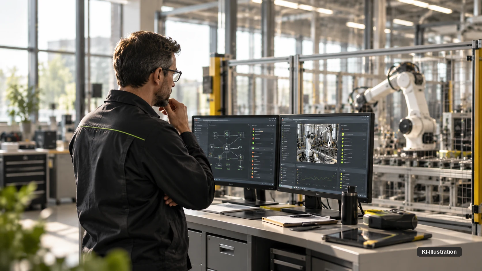 Person vor zwei Monitoren mit Netzwerkdiagramm und Kamerabild einer Roboterzelle.