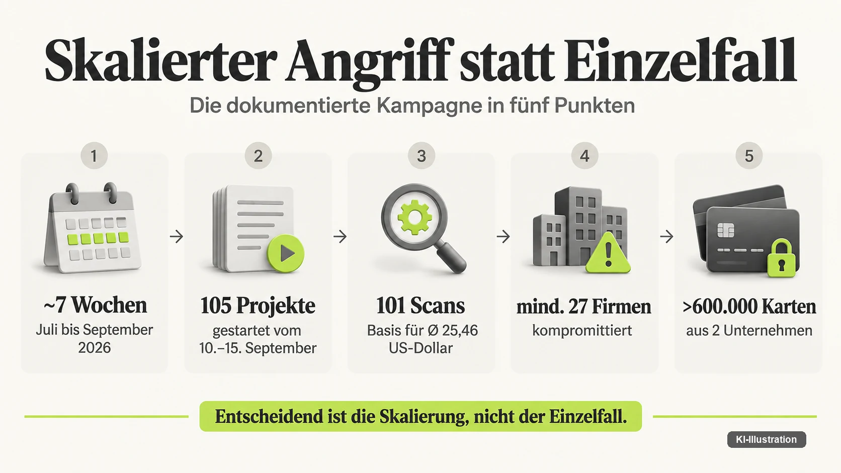 Der Bericht beschreibt keinen Einzelfall, sondern eine skalierte Kampagne: 105 gestartete Angriffsprojekte, 101 abgeschlossene Scans, mindestens 27 kompromittierte Unternehmen und ueber 600.000 exfiltrierte Kartendatensaetze in wenigen Wochen.