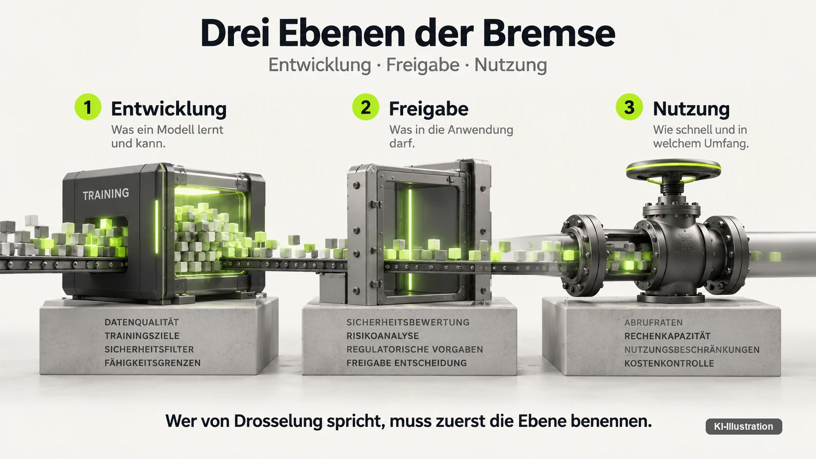 Entwicklung, Freigabe und Nutzung sind drei unterschiedliche Ebenen, auf denen ein Modell gebremst werden kann — wer von Drosselung spricht, muss zuerst die Ebene benennen.