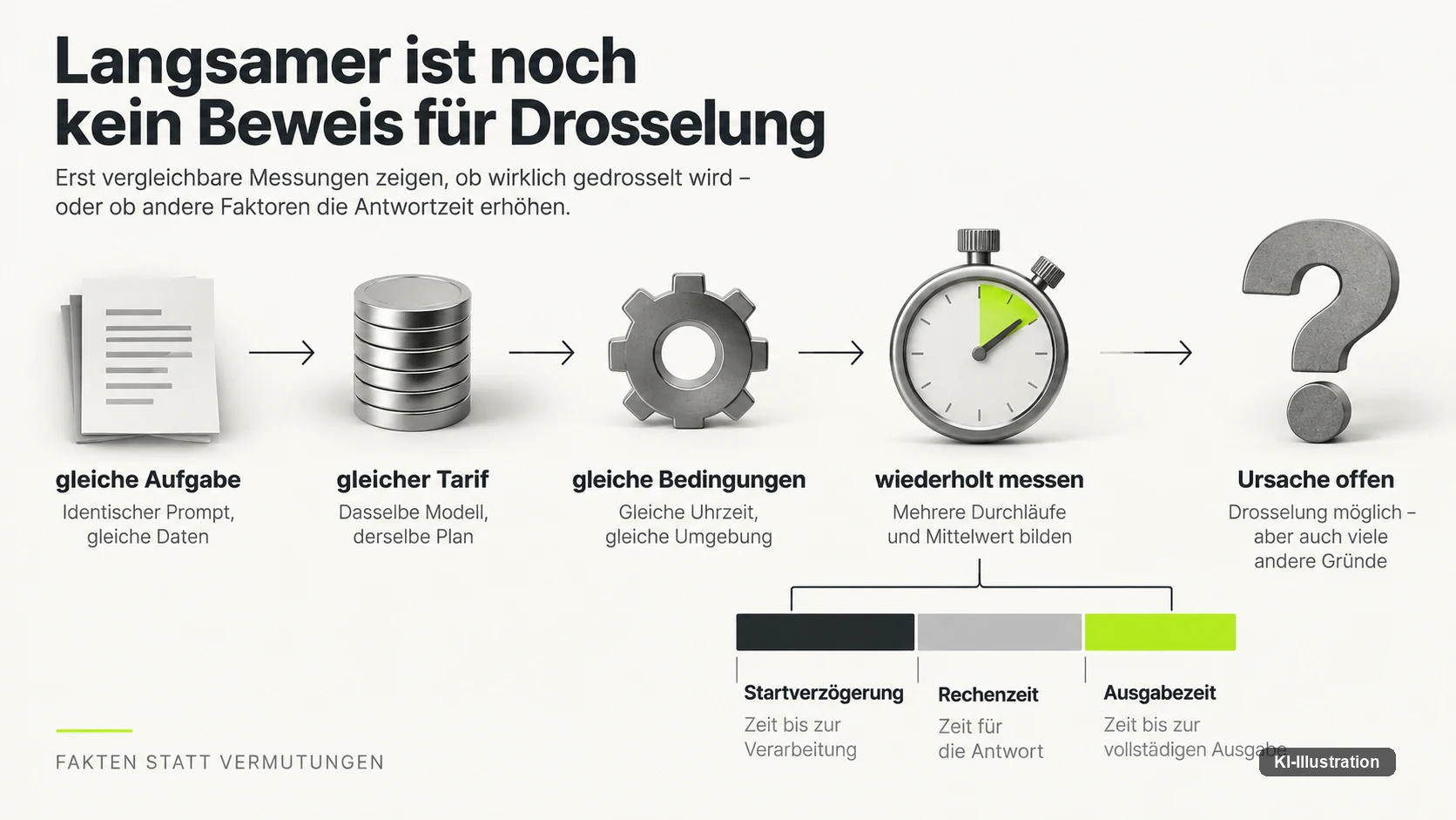 Erst gleiche Aufgabe, gleicher Tarif, gleiche Bedingungen und wiederholtes Messen zeigen, ob tatsaechlich gedrosselt wird — eine einzelne langsamere Antwort beweist das nicht.
