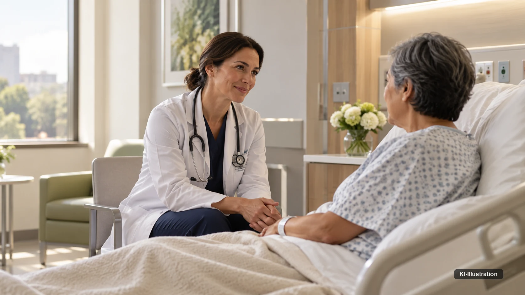 Ärztin sitzt am Bett einer älteren Patientin und spricht mit ihr, helles Patientenzimmer.