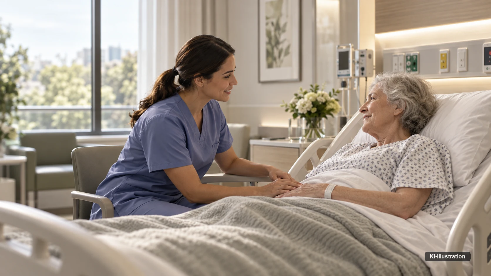 Pflegekraft sitzt am Bett einer älteren Patientin und hält ihre Hand, helles Patientenzimmer.