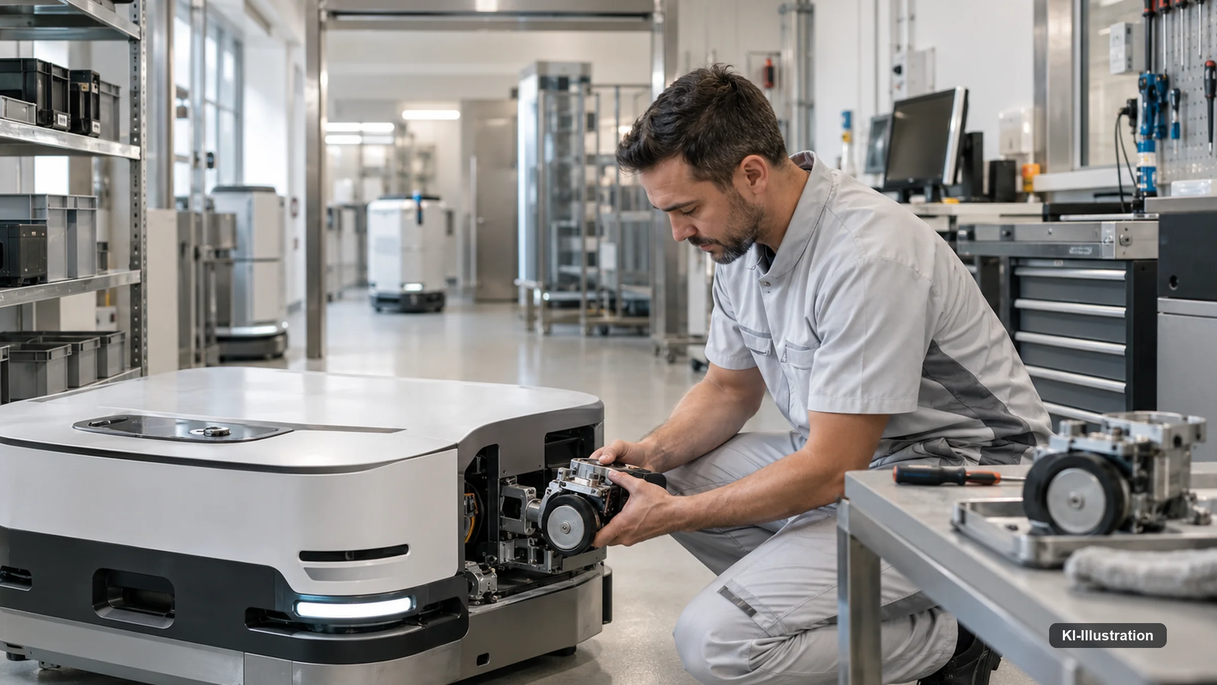Technikerin und Techniker warten ein Klinikrobotersystem, im Hintergrund ein Stationsflur.