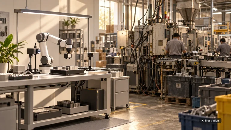 Geteilte Aufnahme: links ein aufgeräumter Testaufbau mit Laptop und Bildschirm, rechts eine laufende Produktionsumgebung mit mehreren Arbeitsplätzen