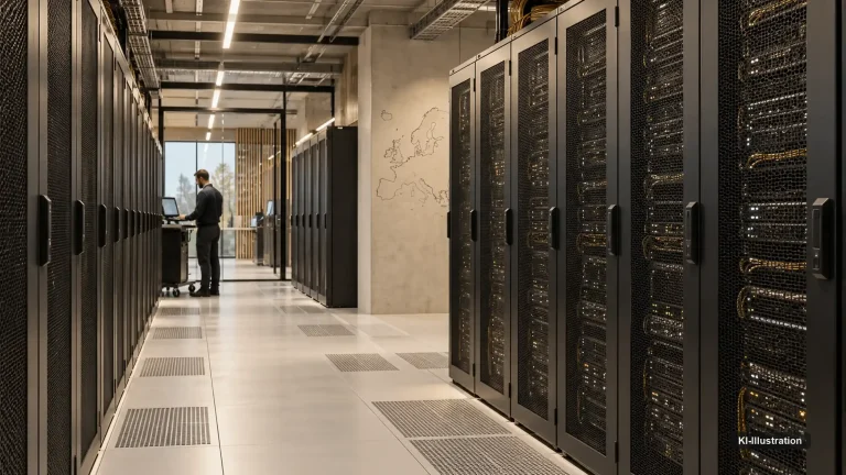 Reihen von Serverschränken in einem europäischen Rechenzentrum, dazwischen ein beleuchteter Gang