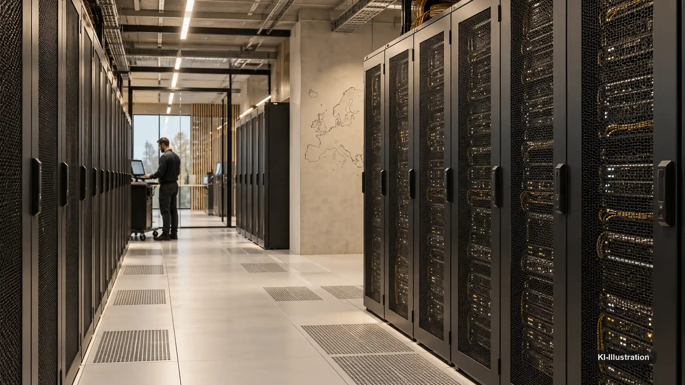 Reihen von Serverschränken in einem europäischen Rechenzentrum, dazwischen ein beleuchteter Gang