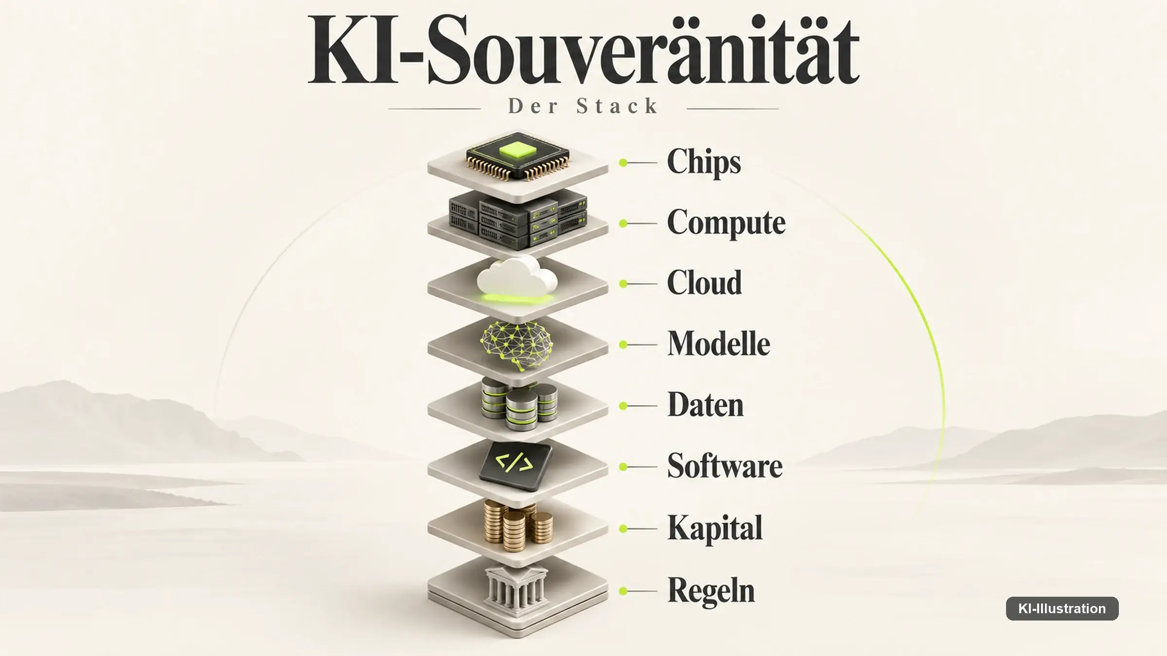 Grafik mit vier Ebenen auf einer waagerechten Skala, von mehr Kontrolle bei den Daten bis zu mehr Abhängigkeit bei den Chips
