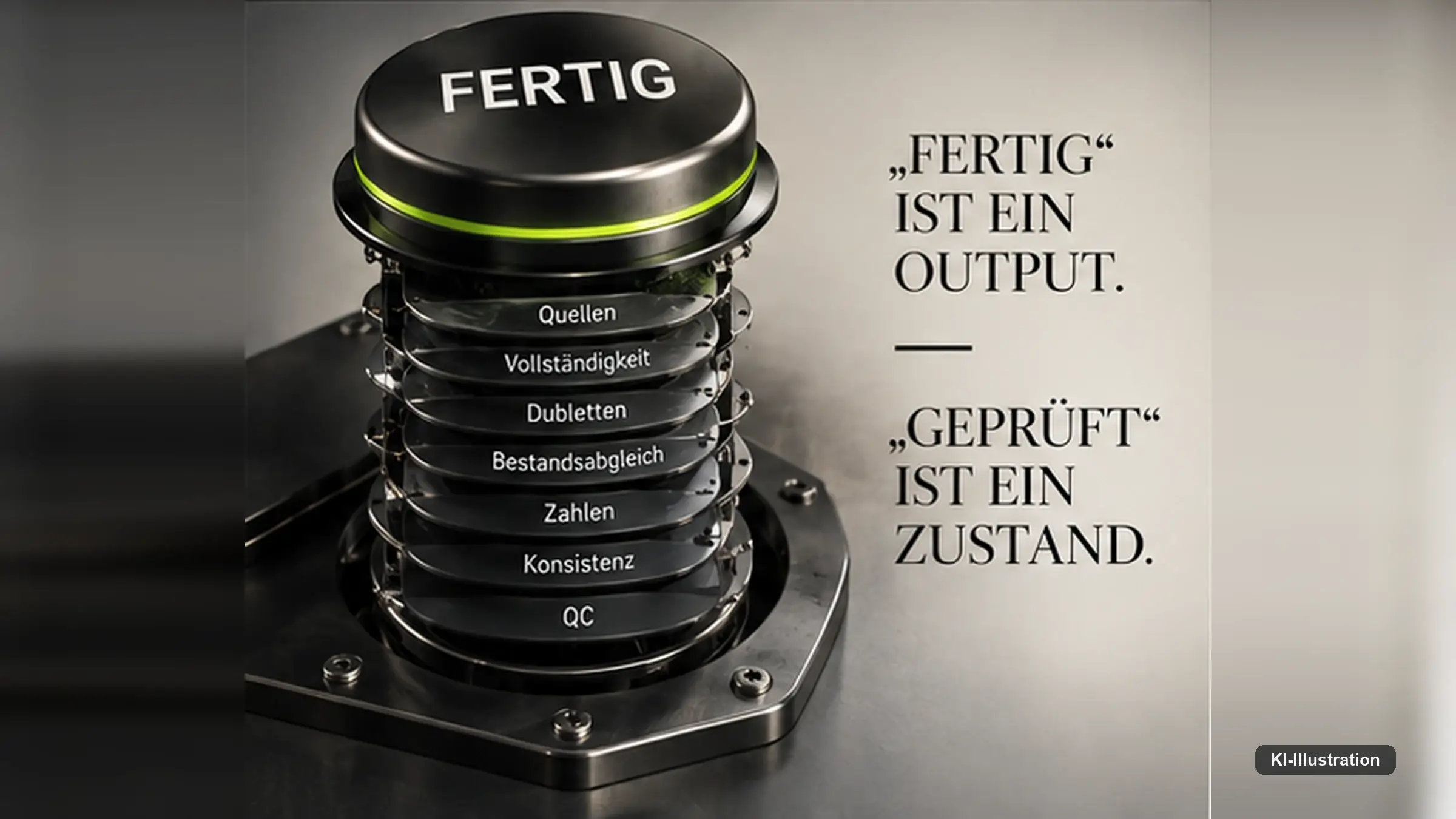 Infografik mit einem schwarzen Druckknopf mit der Aufschrift Fertig über einem Stapel beschrifteter Scheiben von Quellen bis QC.