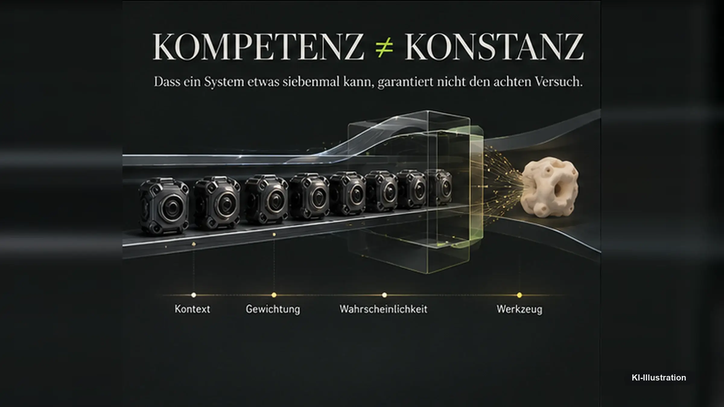 Infografik mit der Überschrift Kompetenz ungleich Konstanz: acht schwarze Bauteile laufen durch einen Trichter, am Ende steht ein helles, formloses Objekt.