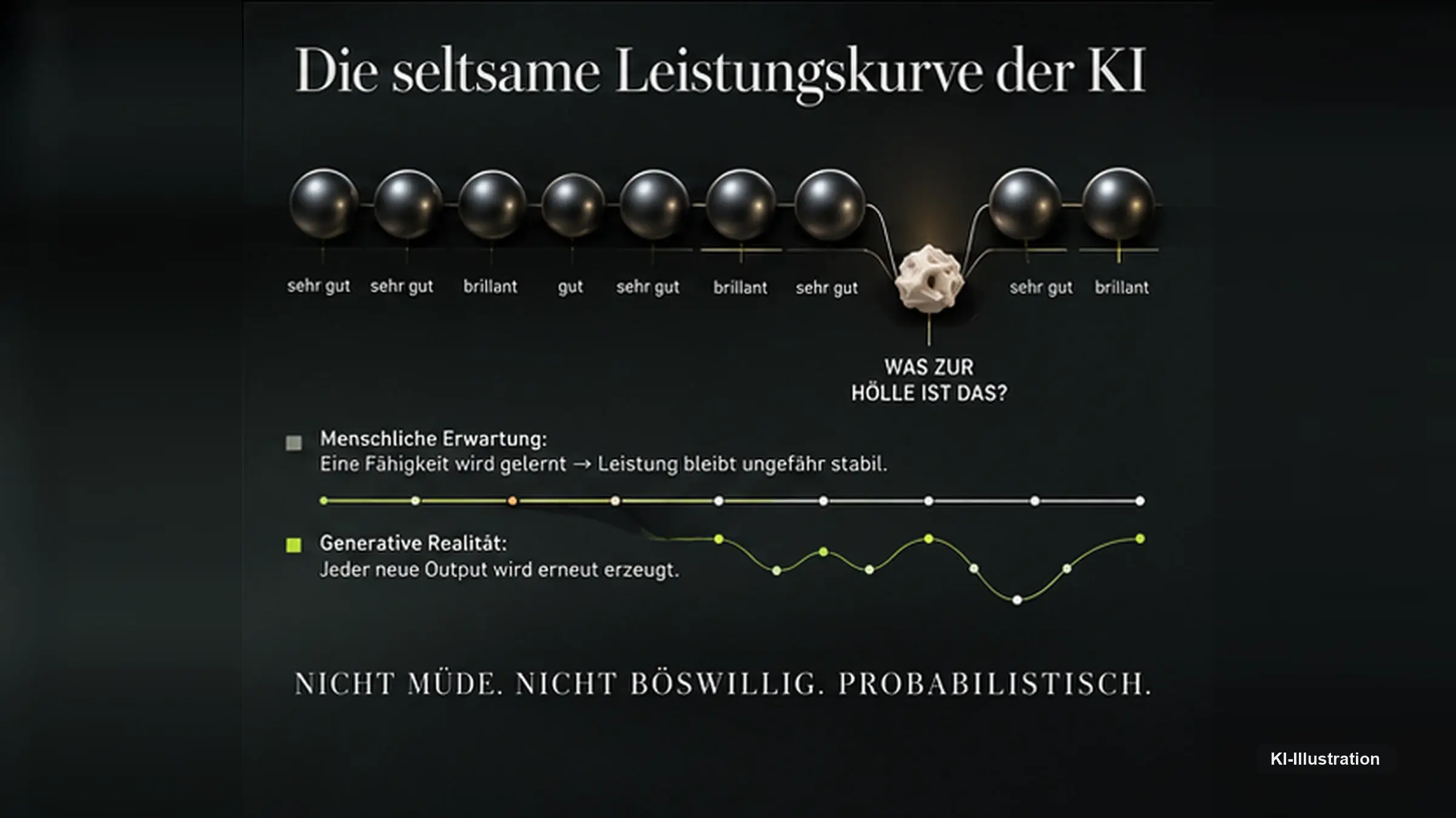 Infografik Die seltsame Leistungskurve der KI: zehn Kugeln mit Bewertungen von sehr gut bis brillant, an achter Stelle ein helles unförmiges Objekt.