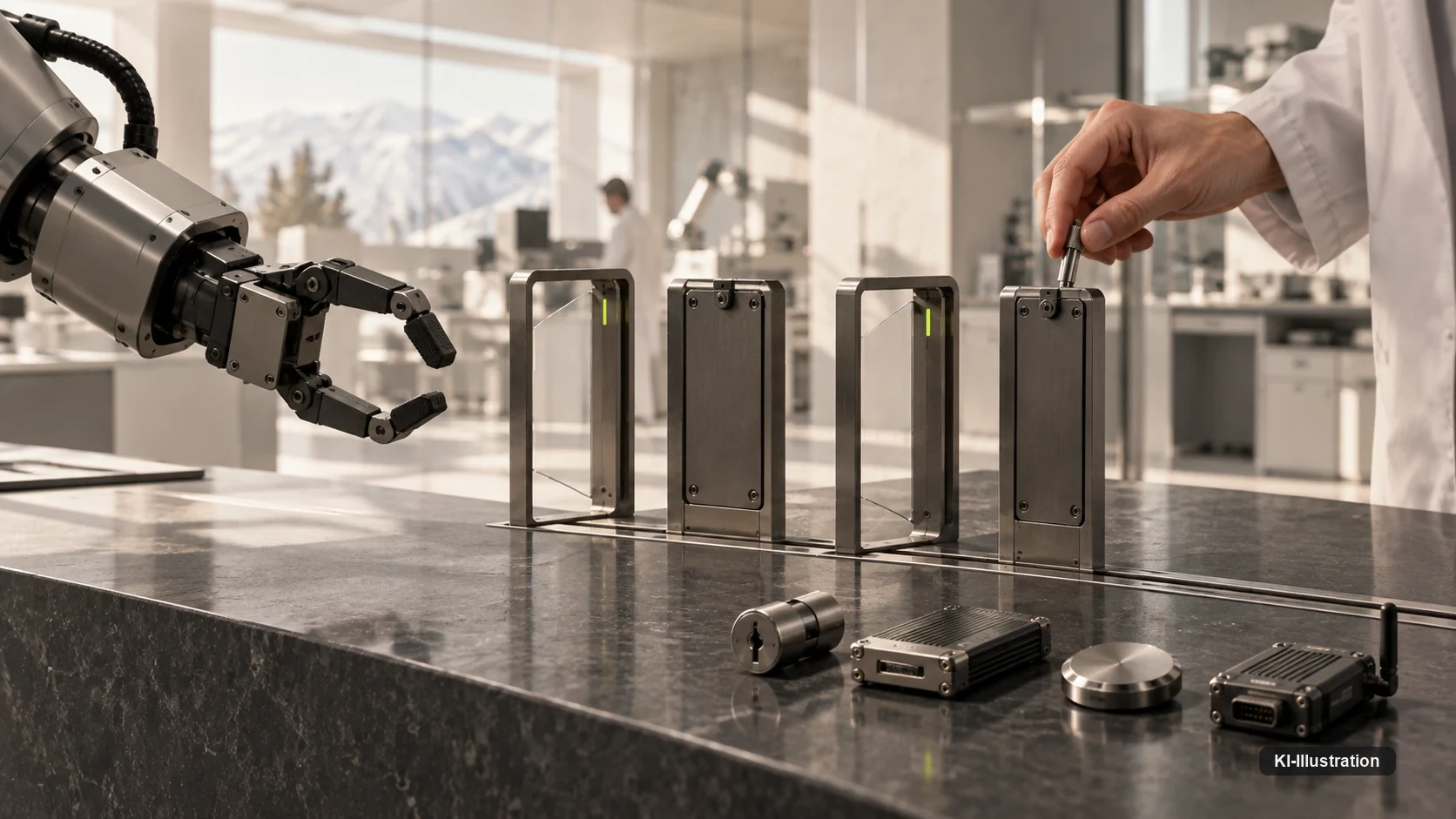Laborbank mit vier aufgestellten Schranken, davor Bauteile; links greift ein Roboterarm heran, rechts setzt eine Hand im Laborkittel ein Element.