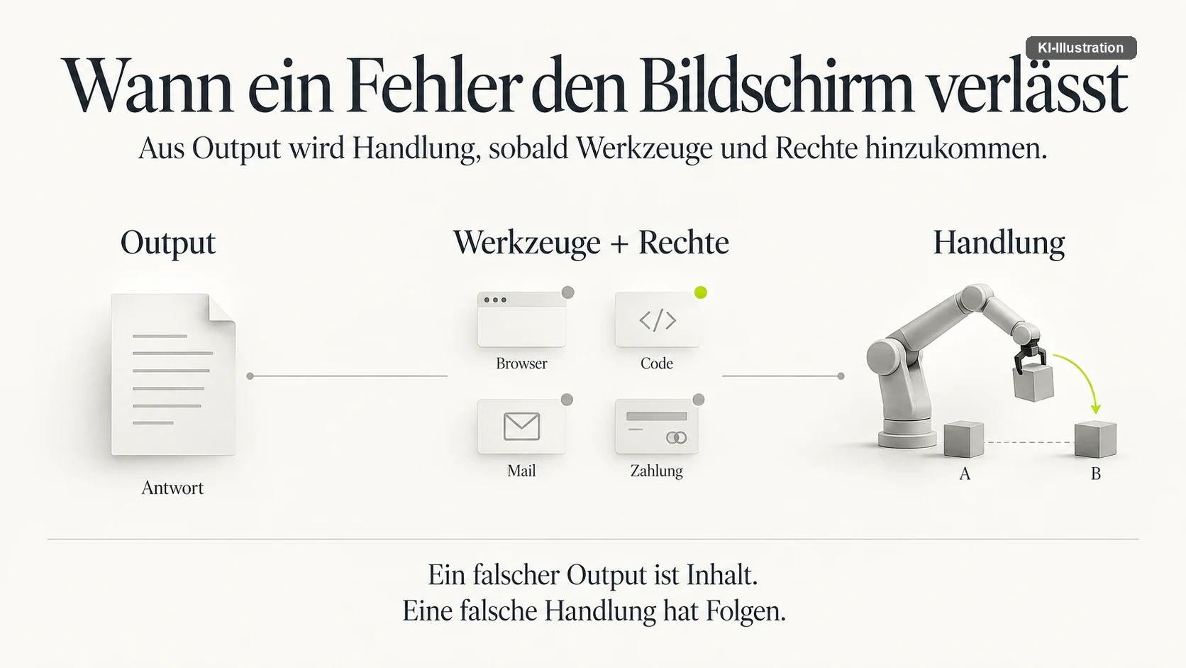 Schema von links nach rechts: eine Antwort als Dokument, daneben Kacheln für Browser, Code, Mail und Zahlung, rechts ein Roboterarm, der einen Würfel von A nach B setzt.