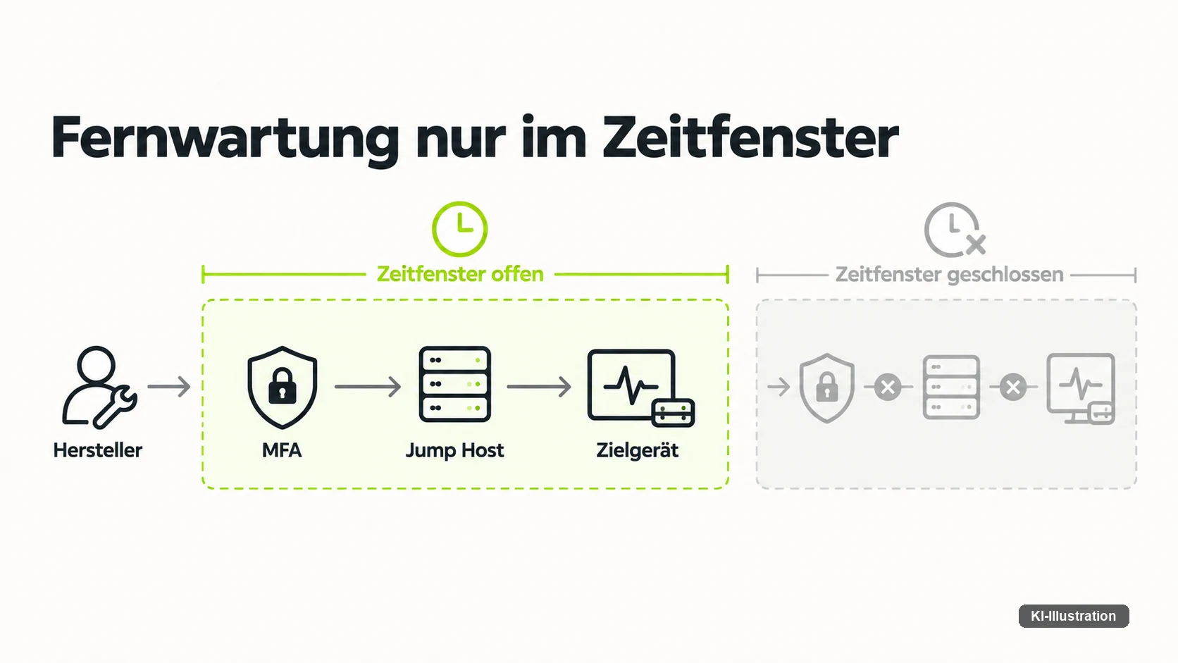 Herstellerzugriff per MFA und Jump Host gilt nur innerhalb eines definierten Zeitfensters — ausserhalb bleibt der Zugang geschlossen.