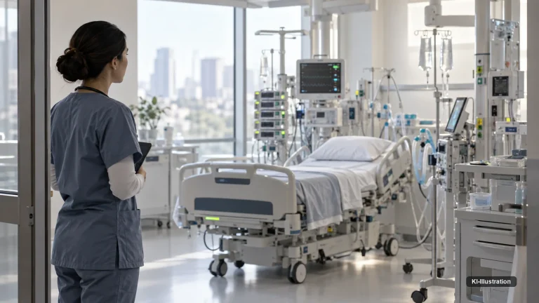 Intensivstation mit Überwachungsmonitoren und einem leeren Patientenbett.