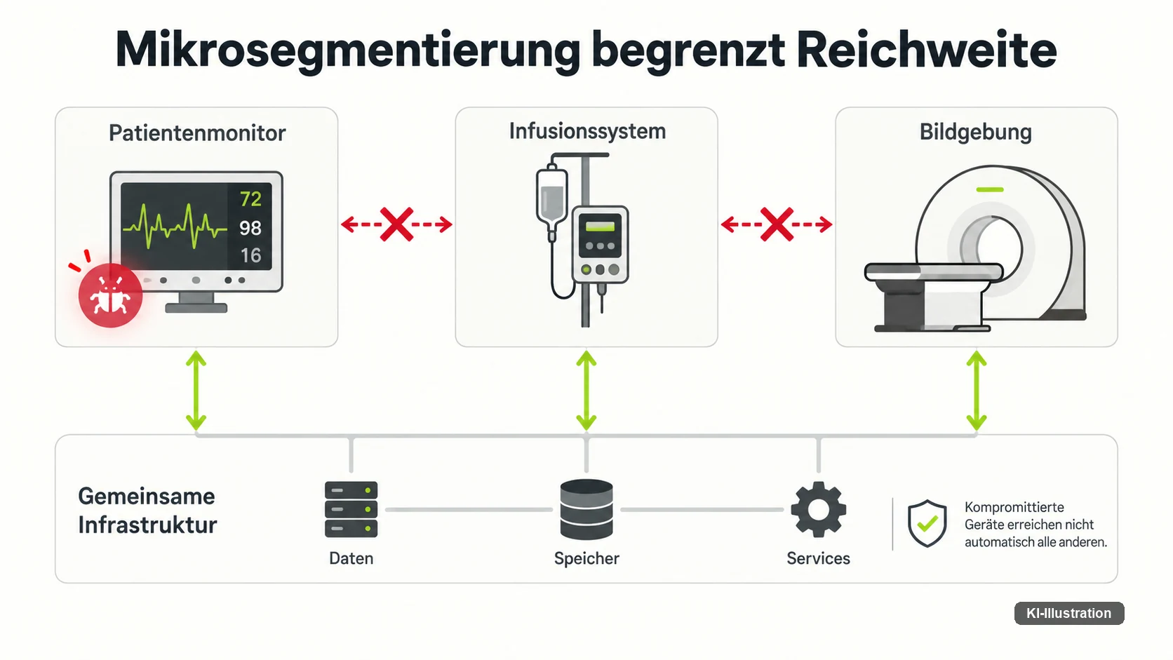 Patientenmonitor, Infusionssystem und Bildgebung teilen sich eine Infrastruktur, aber kompromittierte Geraete erreichen nicht automatisch alle anderen — Mikrosegmentierung begrenzt die Reichweite eines Vorfalls.