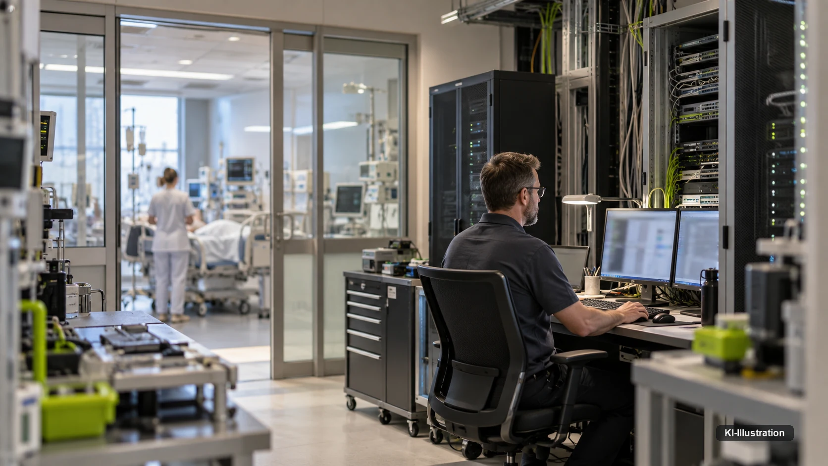 Person am Schreibtisch mit zwei Monitoren in einem Serverraum, im Hintergrund eine Intensivstation durch eine Glastür.