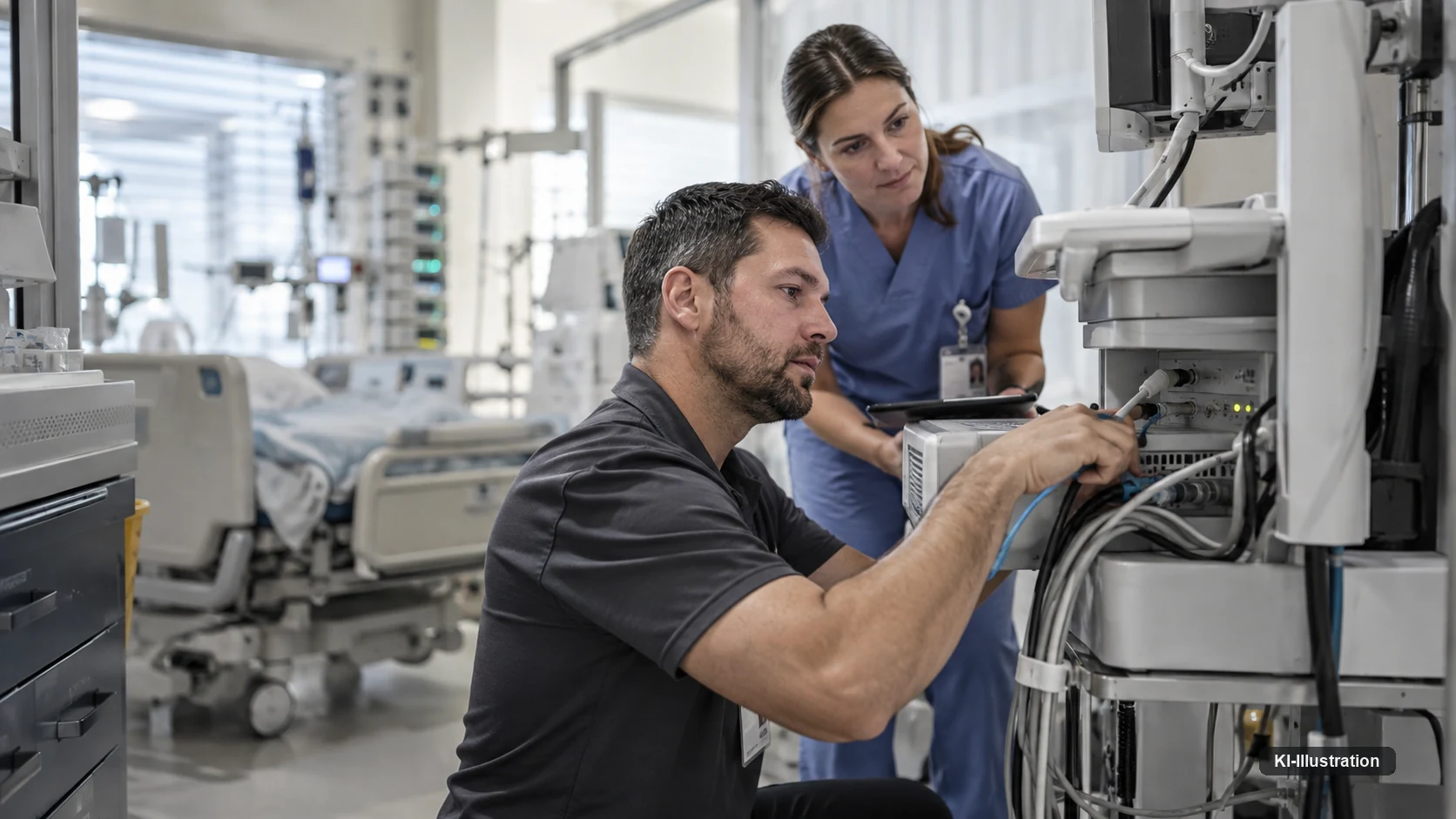 Techniker und Pflegekraft warten ein medizinisches Gerät an einem Patientenbett.