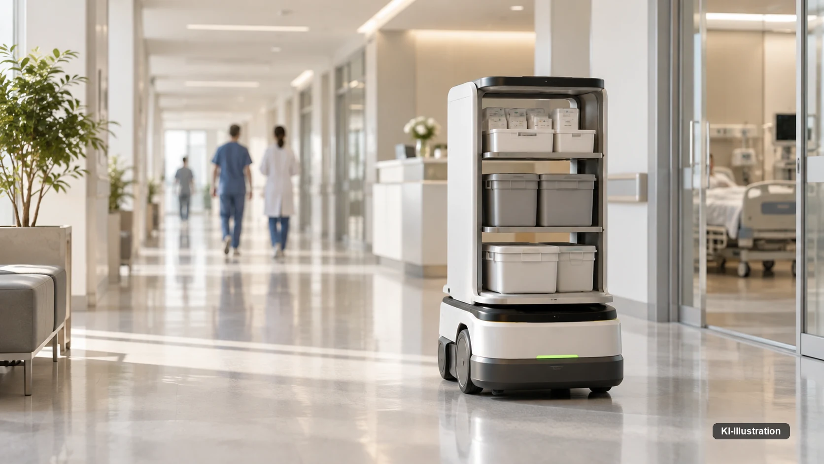 Autonomer Transportroboter mit offenen Regalböden und Materialboxen fährt durch einen hellen Klinikflur, im Hintergrund Personal und ein Patientenzimmer.