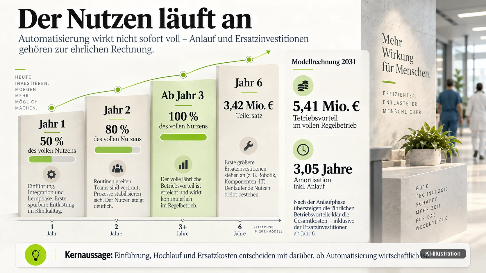Balkenschaubild zur Anlaufkurve: 50 Prozent des vollen Nutzens im ersten Jahr, 80 Prozent im zweiten, ab dem dritten 100 Prozent, im sechsten Jahr 3,42 Millionen Euro Ersatzinvestition.