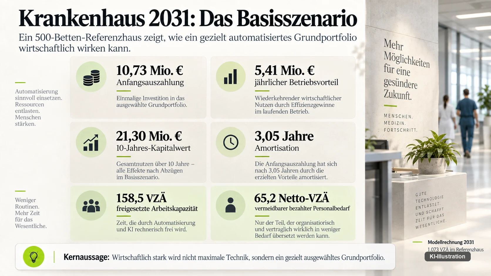 Schaubild mit sechs Kennzahlen des Basisszenarios: 10,73 Millionen Euro Anfangsauszahlung, 5,41 Millionen jährlicher Betriebsvorteil, 21,30 Millionen Kapitalwert, 3,05 Jahre Amortisation, 158,5 freigesetzte und 65,2 Netto-Vollzeitäquivalente.