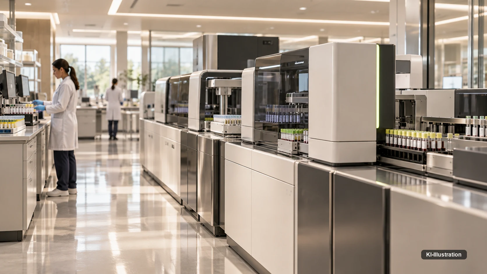 Laborstraße mit Analysemodulen in einem Klinikzentrallabor, eine Mitarbeiterin arbeitet im Hintergrund.